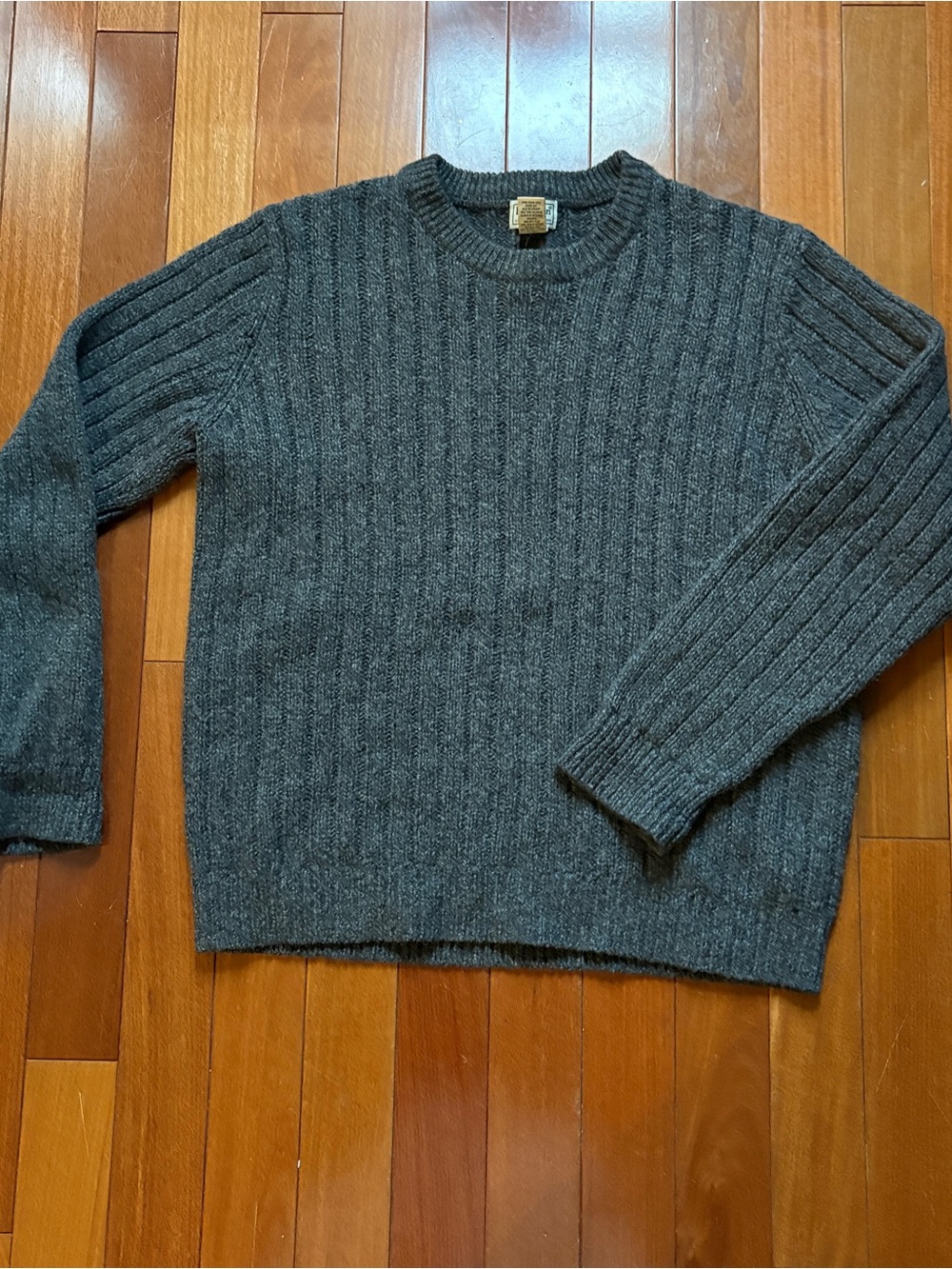LL Bean 100% Lambswool Grey Ribbed Chunky Knit Pullover Sweater Crewneck Mens XL